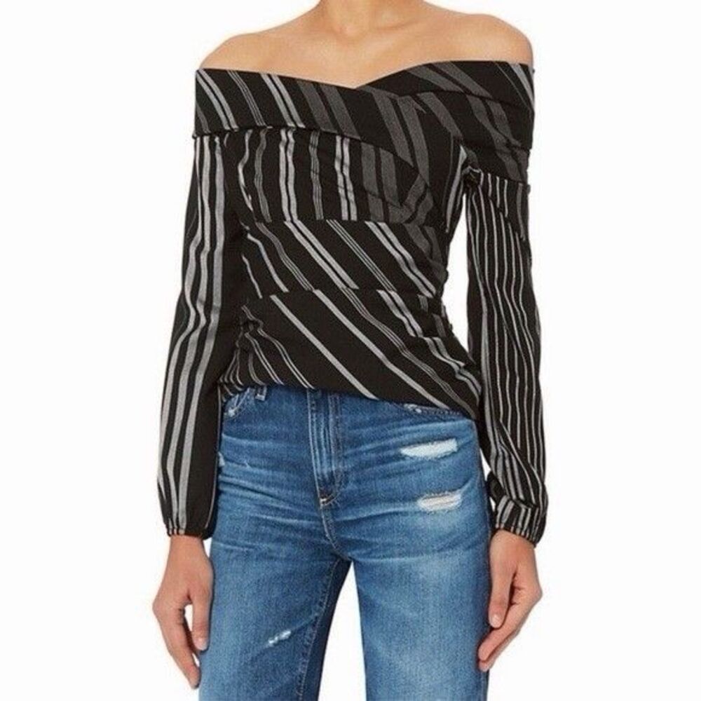 Intermix Tonya Off-Shoulder Surplice Wrap Top Black & White XS Made In USA